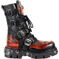 New rock Flame Accented Biker Skull Boots i svart/rött läder - 107-S1