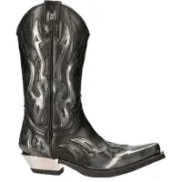 New rock Flame Accented Biker Cowboy Boots i svart/silver läder - M-7921-S3