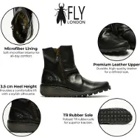 Fly london Womens Black MON944 Leather Wedge Heel Ankle Zip Up Chelsea Boots