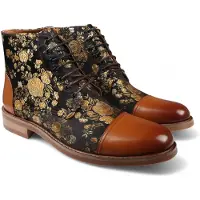 Justin Reess Men's Brown Floral Print Leather Oxford Ankle Boots - Adam