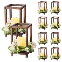 Vevor 10-set/30 st trälyktor för bröllop, inkluderar 10 trälyktor, 10 flamlösa LED-ljus, 10 champagnefärgade blomsterkransar för bröllopsbordsfest, lantlig dekoration, brun
