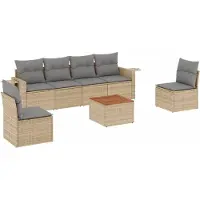 vidaXL Matgrupp för trädgården med dynor 7 delar beige konstrotting