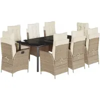 vidaXL Matgrupp för trädgården med dynor 9 delar beige konstrotting