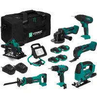 Vonroc Verktygsset VPower 20V – 2.0Ah | Inkl. 7 maskiner, LED-arbetslampa, 4x 2.0Ah batterier och 2x snabbladdare