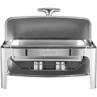 Vevor Roll Top Chafing Dish Buffé Komplett Set, 9Qt Rostfritt Stål Chafer med Fullstor Panna, Rektangulär Cateringvärmare med Lock, Vattenpanna, Hopfällbart Stativ, Bränslehållare, Matklämma, Silver