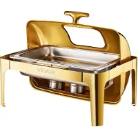 Vevor Roll Top Chafing Dish Buffé Komplett Set, 9Qt Rostfritt Stål Chafer med Fullstor Panna, Rektangulär Cateringvärmare med Synligt Lock Vattenpanna Hopfällbar Stativ Bränslehållare Matklämma, Guld
