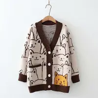 WTEMPO Tecknad katt stickade koftor tröja höst vinter dam Harajuku tröja kappa o-ringad långärmad kofta One Size kaffe