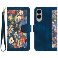 Mtp Products Samsung Galaxy S25 Edge Floral Plånboksfodral med kortplatser - Mörkblå