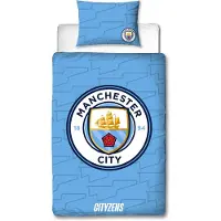 Licens Manchester City sängkläder - 150x210 cm - Blått vändbart påslakanset med logo - 100% bomullssängkläder - Fotbollsängkläder