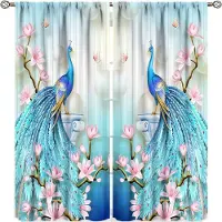 Yiran Furniture Grossist Flora Blommor Påfågelserien Fri Frakt 2 Delar Tunn Skuggande Fönsterdraperi för Vardagsrum Sovrumsinredning 100W130H(CM)40x51in&Grommet Top