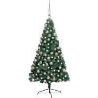 Belyst halv plastgran med kulor grön 240 cm