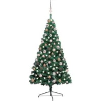 vidaXL Belyst halv plastgran med kulor grön 150 cm