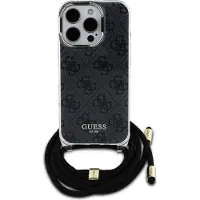 GUESS Crossbody Cord 4G Fodral med tryck och nyckelband för iPhone 16 Pro - Svart