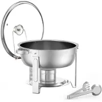 Vevor Varmdiskbufféset, 5 liter 2-pack, varmdisk i rostfritt stål med 2 fullstora pannor, rund cateringvärmare med glaslock, vattenpanna, hopfällbart stativ, bränslehållare, för bröllopsfest, bankett,
