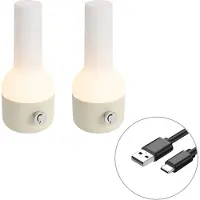 QAZQA Set med 2 bordslampor för utomhus beige med vit inkl laddningsbar LED - Haard