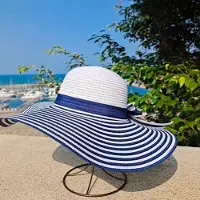 WTEMPO Klassisk och moderiktig blå och vit randig stråhatt med bred brätte, UV-resistent solhatt, strandsemesterhatt M（56-58cm）