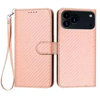 Mtp Products iPhone 17 Pro Max Premium plånboksfodral med rem - kolfiberstruktur - Kolrosa