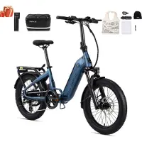 DERUIZ Electric Bike Peridot 20 Foldable Fatbike 250W Motor, 500Wh Removable Battery, 143 km Range, 8-Speed All-Terrain E-Bike blå