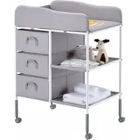 Vevor Skötbord, Bärbar Blöjbytesstation med 3 Tyglådor och Låsbara Hjul, Justerbar Höjd Multifunktionell Skötbord med Förvaringsorganisatör Barnrum, Grå
