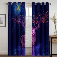 Yiran Furniture Lucky Elk 3D Digitaltryckt Gardin Vardagsrum Sovrum Juldekoration 90g polyesterfiberväv två paneler W50xH130(CM)x2pcs&Grommet Top marinblå färg