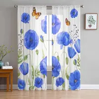 Household supplies MH Blå Akvarell Vallmoblomma Skira Gardiner för Vardagsrumsdekoration Fönstergardiner för Kök Tyll Voile Organza Gardiner W135 x H115cm x1 blue