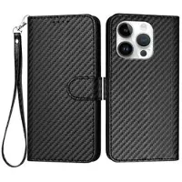 Mtp Products iPhone 16 Pro Premium plånboksfodral med rem - kolfiberstruktur - kolsvart