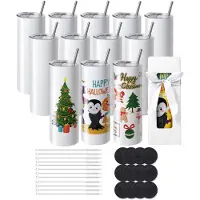 Vevor 12-pack raka sublimeringsglas, 591,5 ml Blank tumbler Bulk, rostfritt stål dubbelväggiga glaskoppar med sugrör, lock, borste, bas, krympplast, presentförpackning, för värmepress och värmeöverför