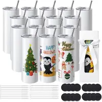 Vevor 16-pack raka sublimeringsglas, 20 oz blank tumlare, rostfritt stål med dubbla väggar med sugrör, lock, borste, bas, krympplast, presentförpackning, för värmepress och värmeöverföring