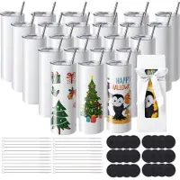 Vevor 24-pack raka sublimeringsglas, 591,5 ml Blank tumbler Bulk, rostfritt stål dubbla väggglas med sugrör, lock, borste, bas, krympplast, presentförpackning, för värmepress och värmeöverföring
