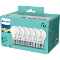 Philips - LED-glödlampa - form: A60 - glaserad finish - E27 - 8 W (motsvarande 60 W) - klass F - varmt vitt ljus - 2700 K - matt (paket om 6)