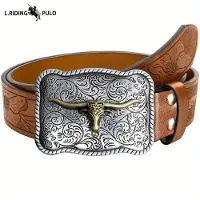 L.RIDING PULO Herr Västlig Cowboybälte Tjurskalle Spänne Retro Präglat Läderbälte Trend 130cm