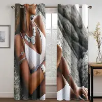 Yiran Furniture Billiga 3D-tryck Flicka Sexig Skönhet Bikini Strandlandskap 2 Delar Tunna Skuggande Fönstergardiner för Vardagsrum Sovrum Dekor 100W130H(CM)40x51in&Grommet Top ljusgrå färg