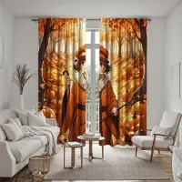 Household supplies MH 2 st HD Lönnlöv Skog Prins Jack-o '-lantern gardin med käpp i handen Gul Slips digitaltryckt gardin Heminredning sty W52H63inchW132H160cm