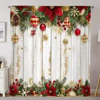 Household supplies MH 2 st Juldörrgardiner Set - Festlig Grön Växt & Blommig Design med Trämönster, Kanalficka för Enkel Upphängning 50W160H(CM)x2Panel&Grommet Top