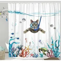 Household supplies MH Rolig Duschdraperi Modig Katt Håller Trefork Pil Rider Haj i Havsvåg Val Katt Duschdraperi Set Badrumsinredningsset W120 x H180 cm