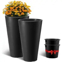 Vevor Set med 2 höga krukor för utomhus- och inomhusväxter, 60 cm, svarta runda stora krukor för veranda, uteplats, höga, avsmalnande krukor för blomsterträd med modern design och inbyggd dränering