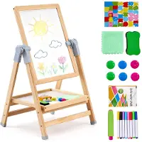 Vevor Konststaffli för barn, 2-i-1 trä dubbelsidigt konststaffli för barn med magnetisk whiteboard och svarta tavla, justerbar stående roterbar hopfällbar ritbräda med målartillbehör för pojke och fli
