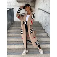 Super maller Höst Vinter Stickad Cardigan Dam Randigt Patchwork 2022 Elegant Lös Lång Ytterplagg Maxi Y2k Tröja Kappa Mjuk jacka XXL kamel