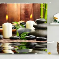 Shower curtain Home Decor Zen Grön Bambu Buddha Duschdraperi Landskap Vattenljus Sten Lotu Plant Trädgårdslandskap Vattentät Badrumsgardinskärm 180x180cm