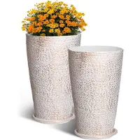 Vevor Set med 2 höga utomhusplanterare 21"H, runda stora planterare för veranda och uteplats, stenfinish för blomträd