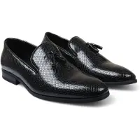 Infinity Leather Svarta formella loafers med tofsar för män, slip-on i läder