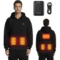 Vevor Värmejacka med huva för män och kvinnor, värmejacka unisex med 7,4V 16000mAh uppladdningsbart powerbankpaket, 5 värmezoner, 3 temperaturnivåer, 4–8 timmars värme, för vintercamping utomhus, svar