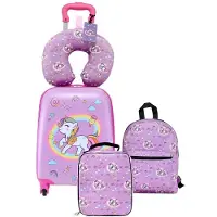 Vevor Barnbagageset, 5 delar, 45,7 cm resväska med hårda hjul, ryggsäck och U-formad kudde, handbagageset med enhörning, födelsedagspresent till flickor och pojkar, godkänt av flygbolag