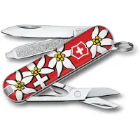 Victorinox Classic SD, Fällkniv av slipjoint-modell, Kniv med flera verktyg, Clip point, Cellidor, ABS synthetics, Röd, Vit