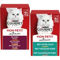 Gourmet Mon Petit Intense med nötkött och kyckling, kalkon och lever, fågel och lamm våtfoder katt