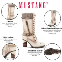 Mustang Dam Cremevita Mid-Cat Combat Boots med Snörning och Klack