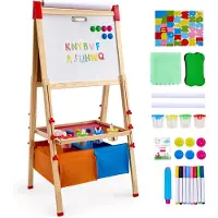 Vevor Konststaffli för barn, 3-i-1 trä dubbelsidigt konststaffli för barn med magnetisk whiteboard, svarta tavlor, pappersrulle, justerbar stående ritbräda med målartillbehör, förvaring för pojke och