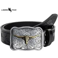 L.RIDING PULO Herr Västlig Cowboybälte Tjurskalle Spänne Retro Präglat Läderbälte Trend 125cm