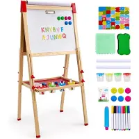 Vevor Konststaffli för barn, 3-i-1 trä dubbelsidigt konststaffli för barn med magnetisk whiteboard, svarta tavla och pappersrulle, justerbar stående ritbräda med målartillbehör för pojkar och flickor