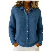 Wangpai Apparel Damstickad kofta med knappar, enfärgad, casual, mode, lång ärm, slag, jacka, klädrea 2XL